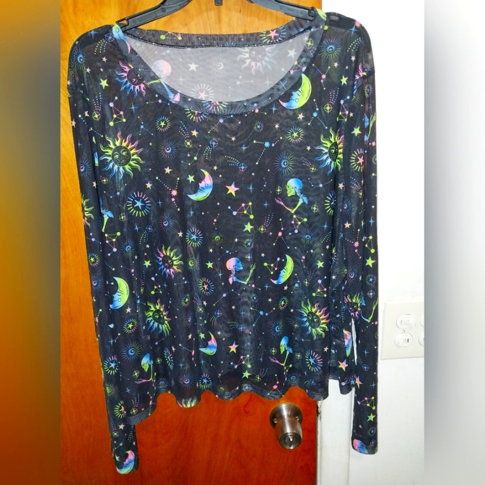 Black Celestial Print Mesh Top